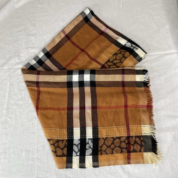 Burberry Women's Animal Leopard Haymarket Check Square Shape Scarf Cashmere - Picture 1 of 15